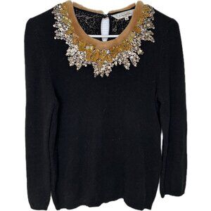 Oscar De La Renta Cashmere Crew Neck Sweater Fur Trim Real Stones Black Yellow S